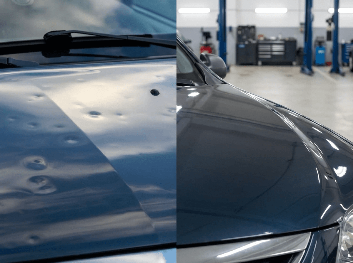 Before and after hail damage repair on a blue vehicle hood